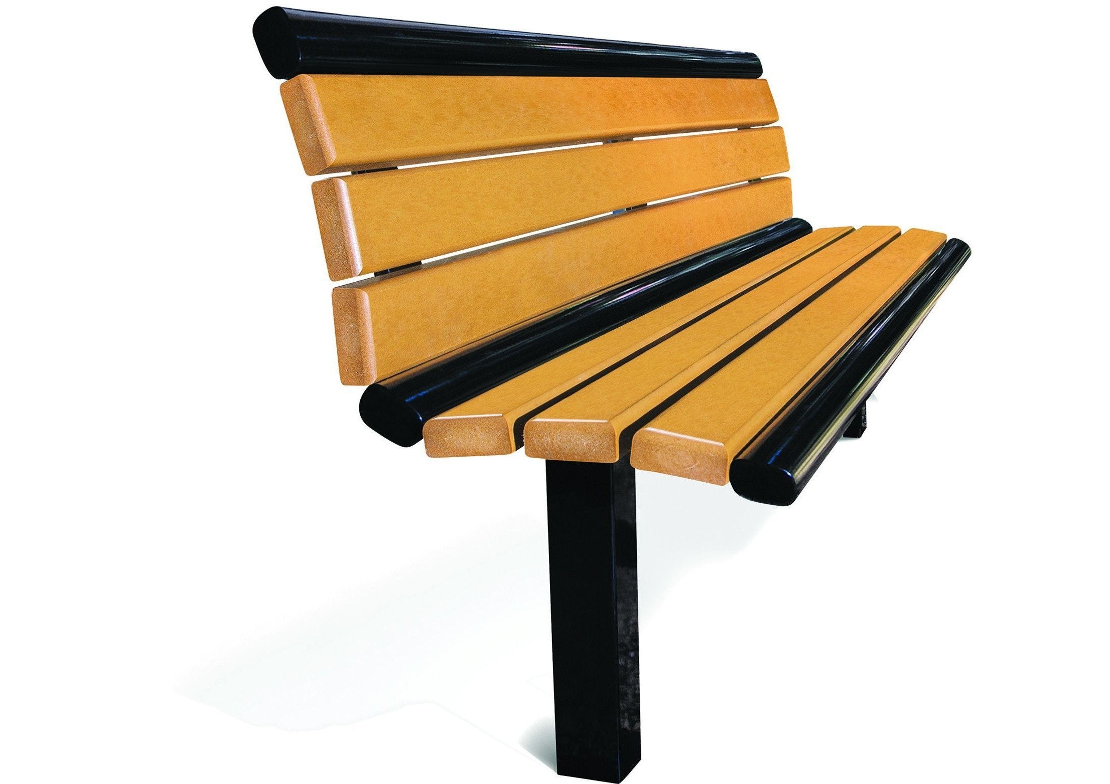 Richmond Recycled Bench with Back featuring yellow recycled plastic planks and black single-leg metal frame for outdoor use