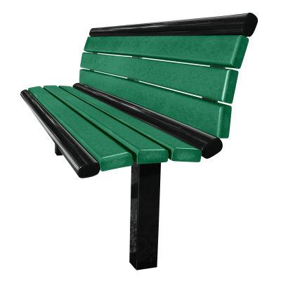 Green recycled plastic plank bench with black metal frame, single-leg support, and backrest, angled view