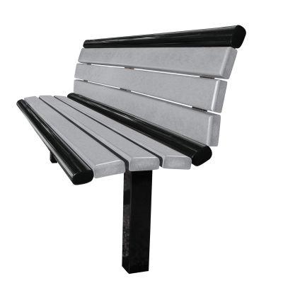 Outdoor bench with gray recycled plastic planks, black metal frame, backrest, and sturdy square tubing legs