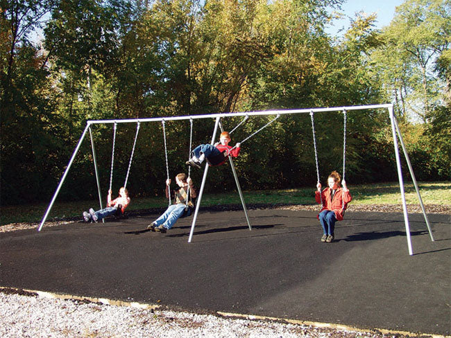 Four-seat outdoor swing set with galvanized steel bipod frame and black cut-proof seats on playground.