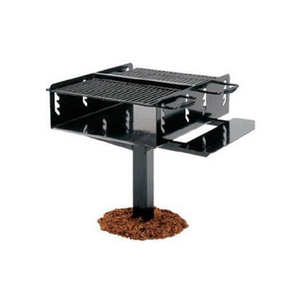 Bi-Level Group Grill with Shelf by Park Grills, black powder-coated steel, adjustable 4-level cooking grates, utility shelf, sturdy support posts
