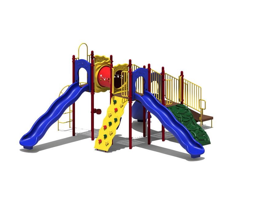 Colorful playground structure with two blue wave slides, climbing wall, tunnel, yellow railings, drum, and rain wheel for active play and sensory discovery