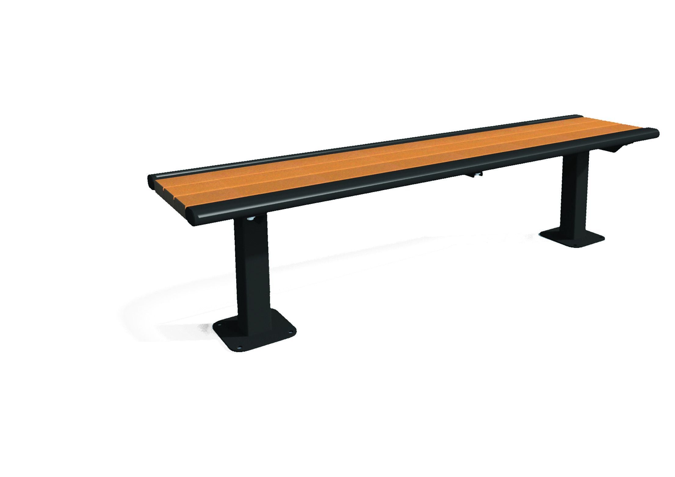 Richmond Recycled Bench without Back with orange recycled plastic planks and black powder-coated metal frame on white background