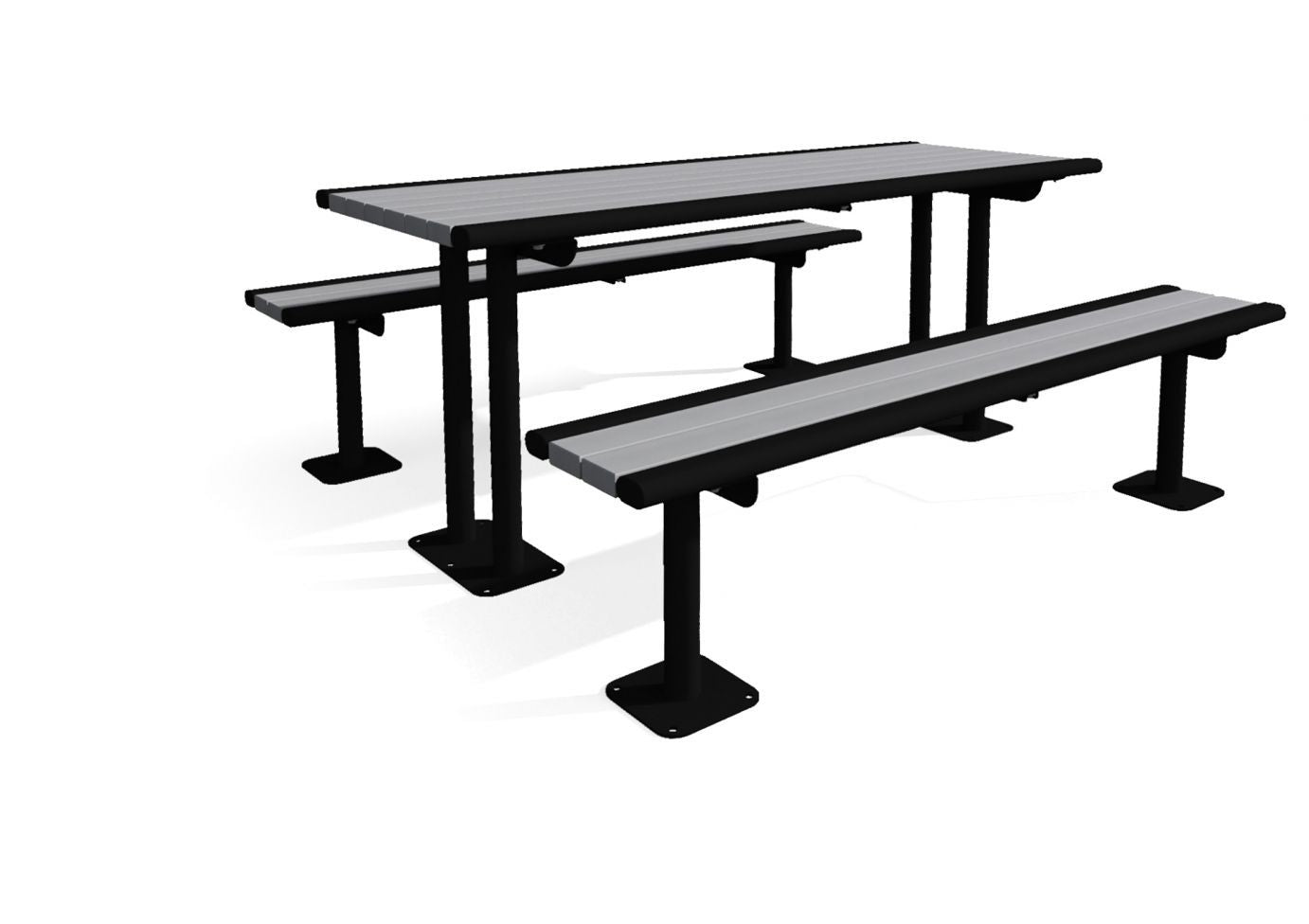 Richmond Recycled Multi-Pedestal Table with gray recycled plastic planks and black powder-coated steel frame in outdoor picnic setting