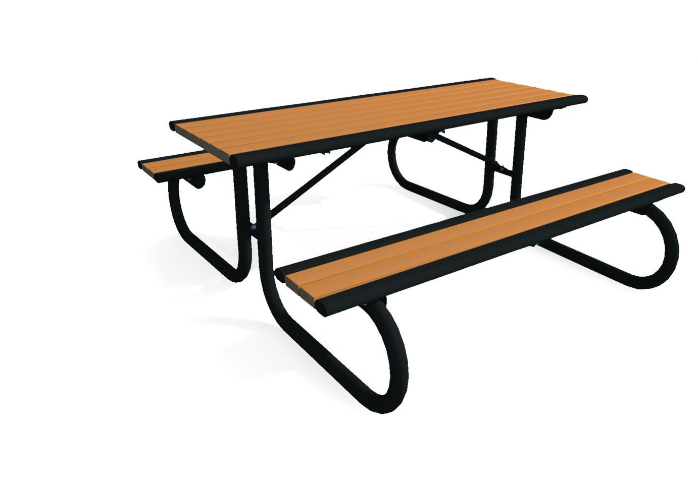 Richmond Recycled Multi-Pedestal Table with brown recycled plastic planks and black metal frame, outdoor picnic seating in park setting