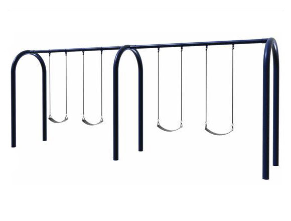 Heavy-duty blue arch swing set with four black cut-proof seats and chain hangers, commercial-grade outdoor play equipment