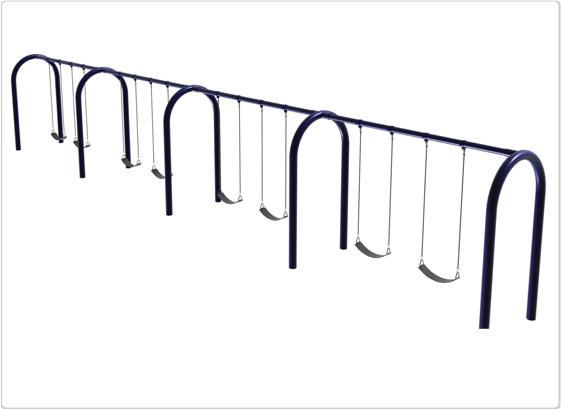 Blue heavy-duty arch swing set with eight black cut-proof seats and chain hangers for commercial outdoor playgrounds.