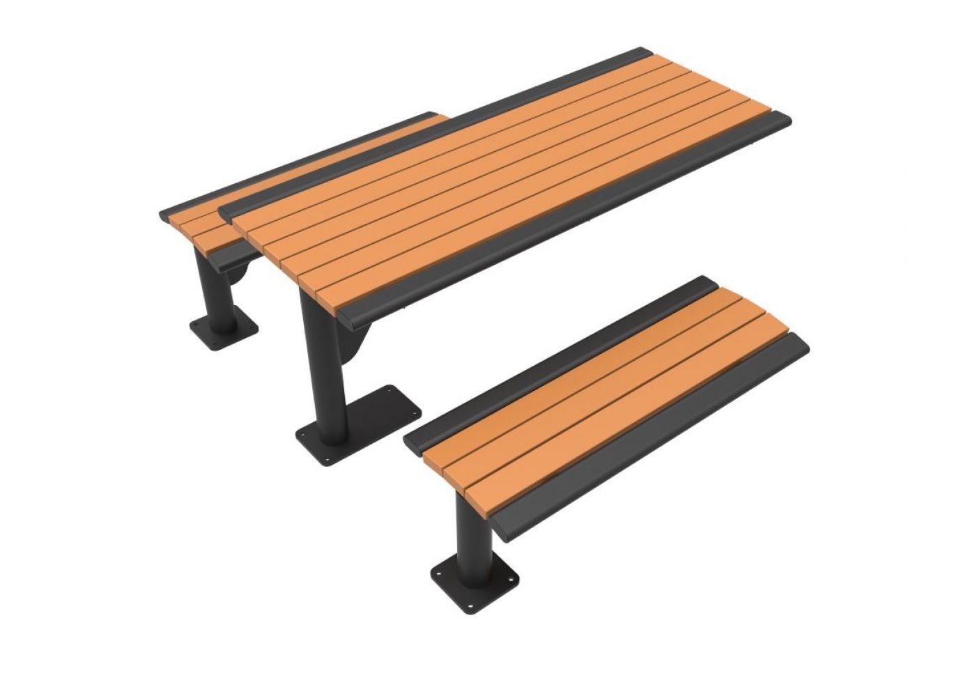 Modern cantilever picnic table with orange recycled plastic planks and black powder-coated steel frame, angled view