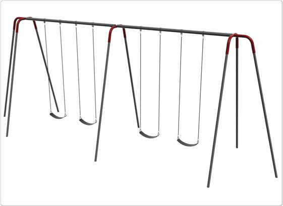 Metal heavy-duty swing set with four black seats and red accents, sturdy tripod frame for playground or backyard use