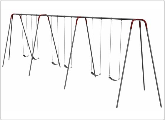Metal commercial swing set with tripod frame and eight black seats, designed for playgrounds and backyards