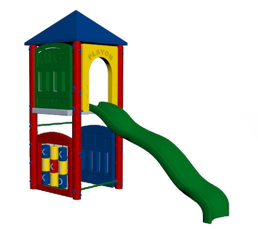 Colorful compact playground tower with green wave slide, blue pyramid roof, tic tac toe panel, and vertical climber