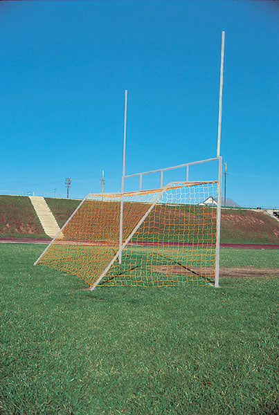 Combo Football and Soccer Goal with yellow netting on green field under clear blue sky, designed for high school sports