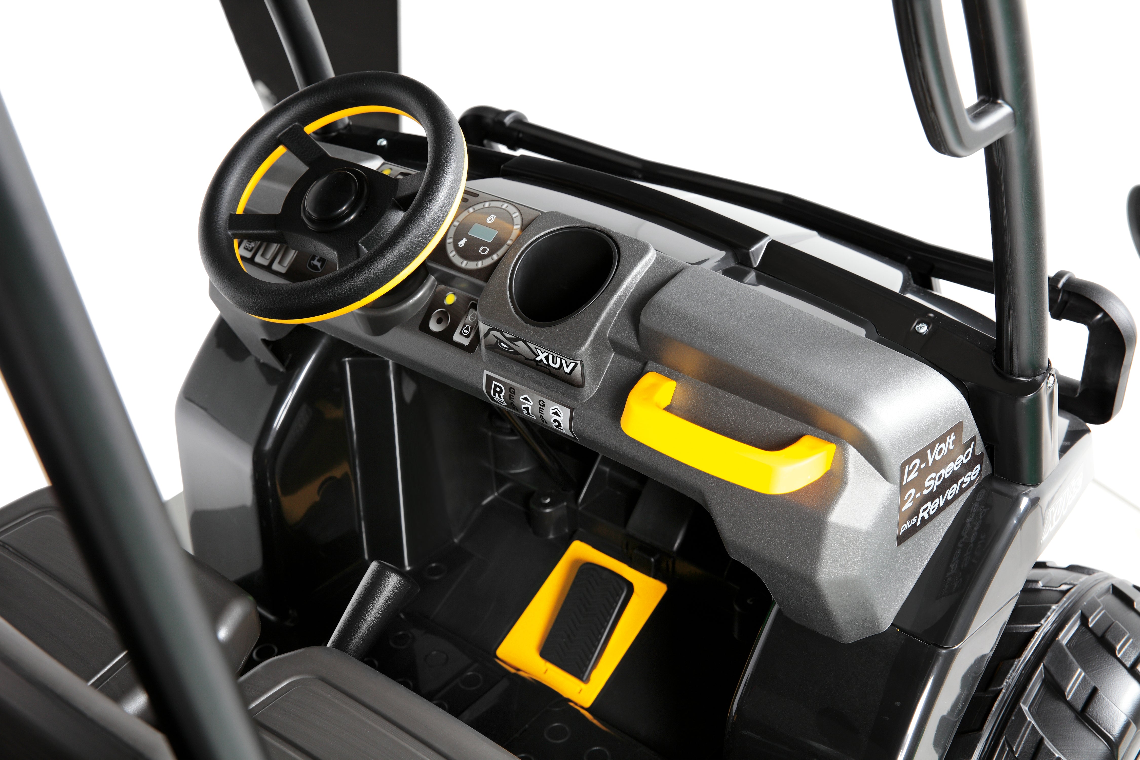 Black and yellow kids' ride-on vehicle dashboard with steering wheel, cup holder, and pedal