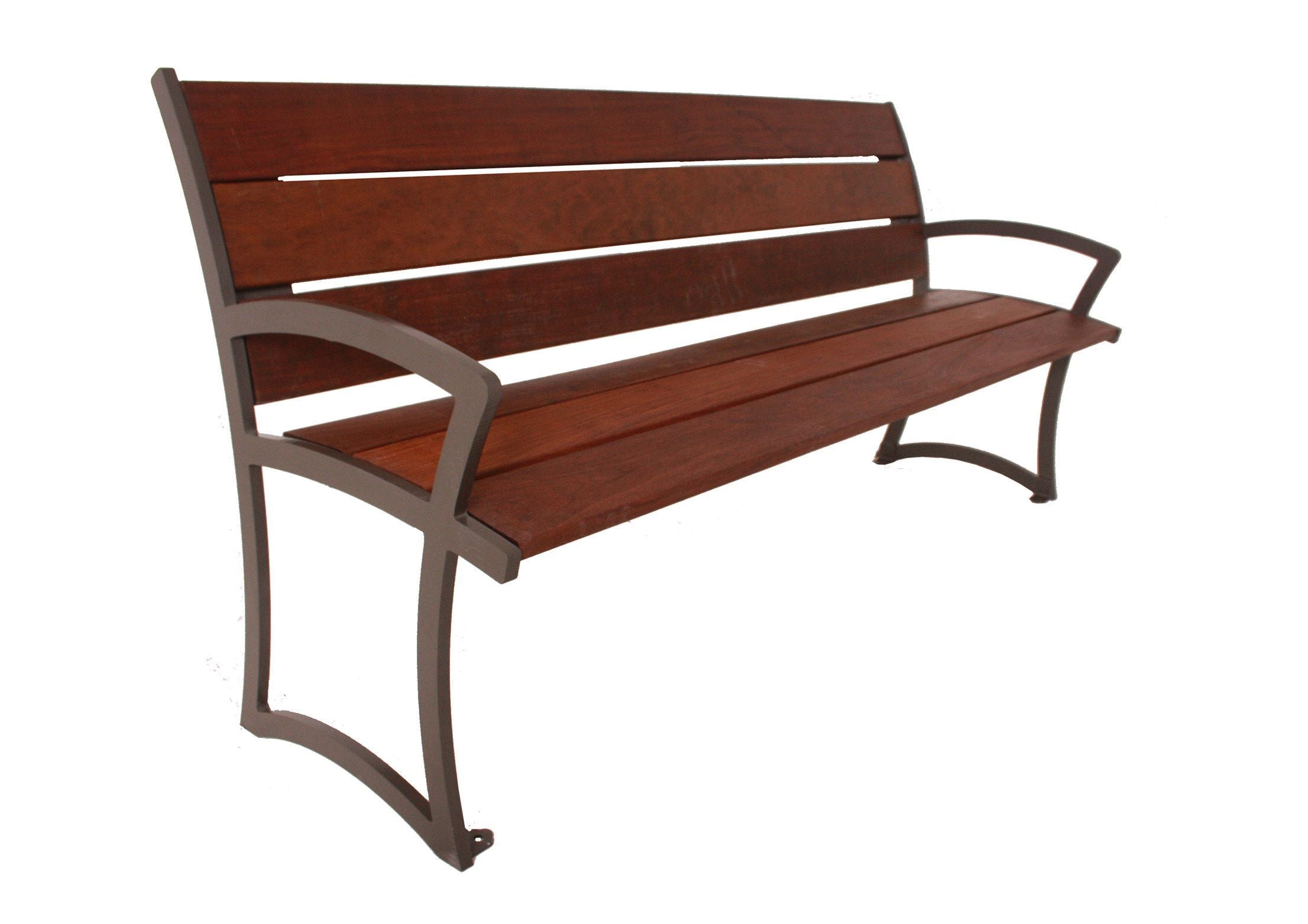 Madison Bench with Back - Ipe Wood featuring dark brown wood planks and curved steel end frames for durable outdoor seating