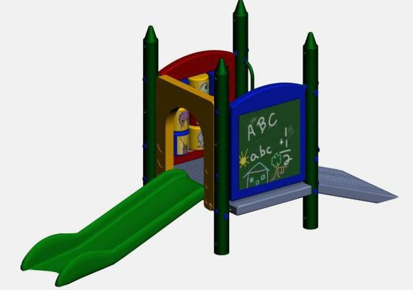 Fort Ward ME 2 Playground with green slide, chalkboard panel, ramp, and colorful crayon tower posts