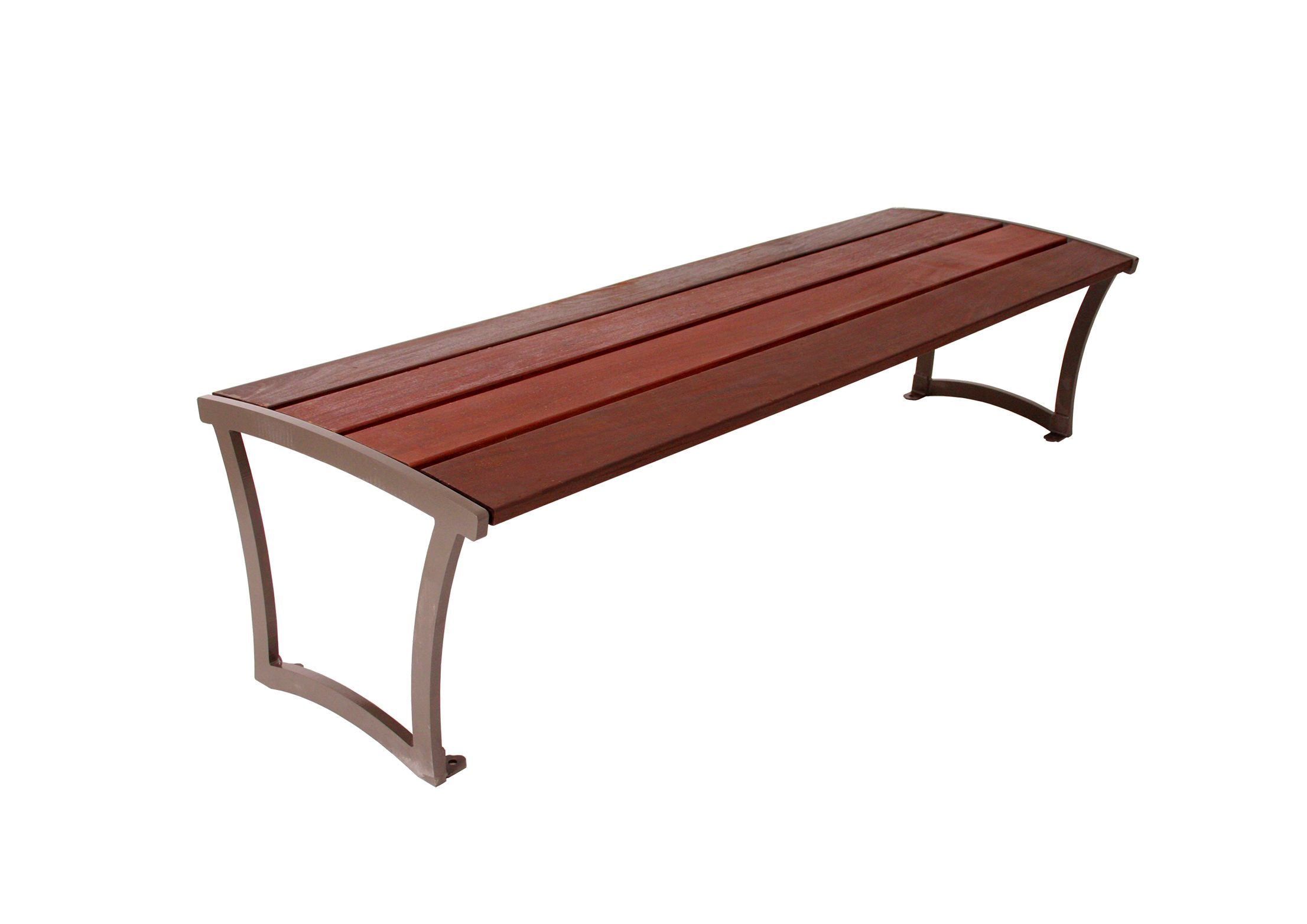 Madison Bench without Back - Ipe Wood with reddish hardwood planks and curved steel end frames on white background