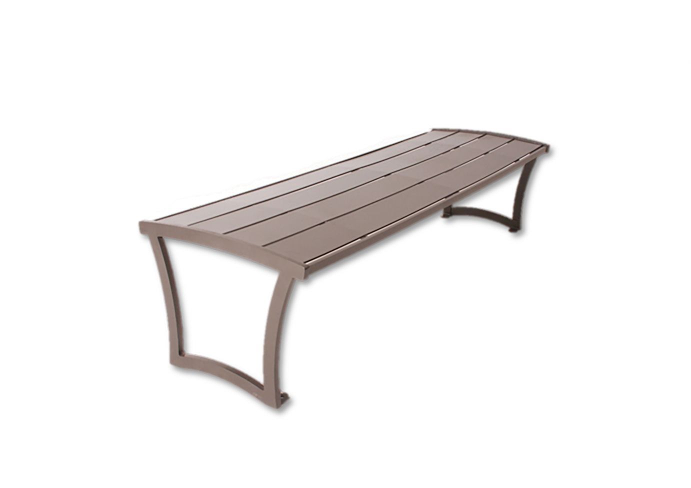 Madison Bench without Back in brown powder-coated steel with curved end frames and slatted seat design