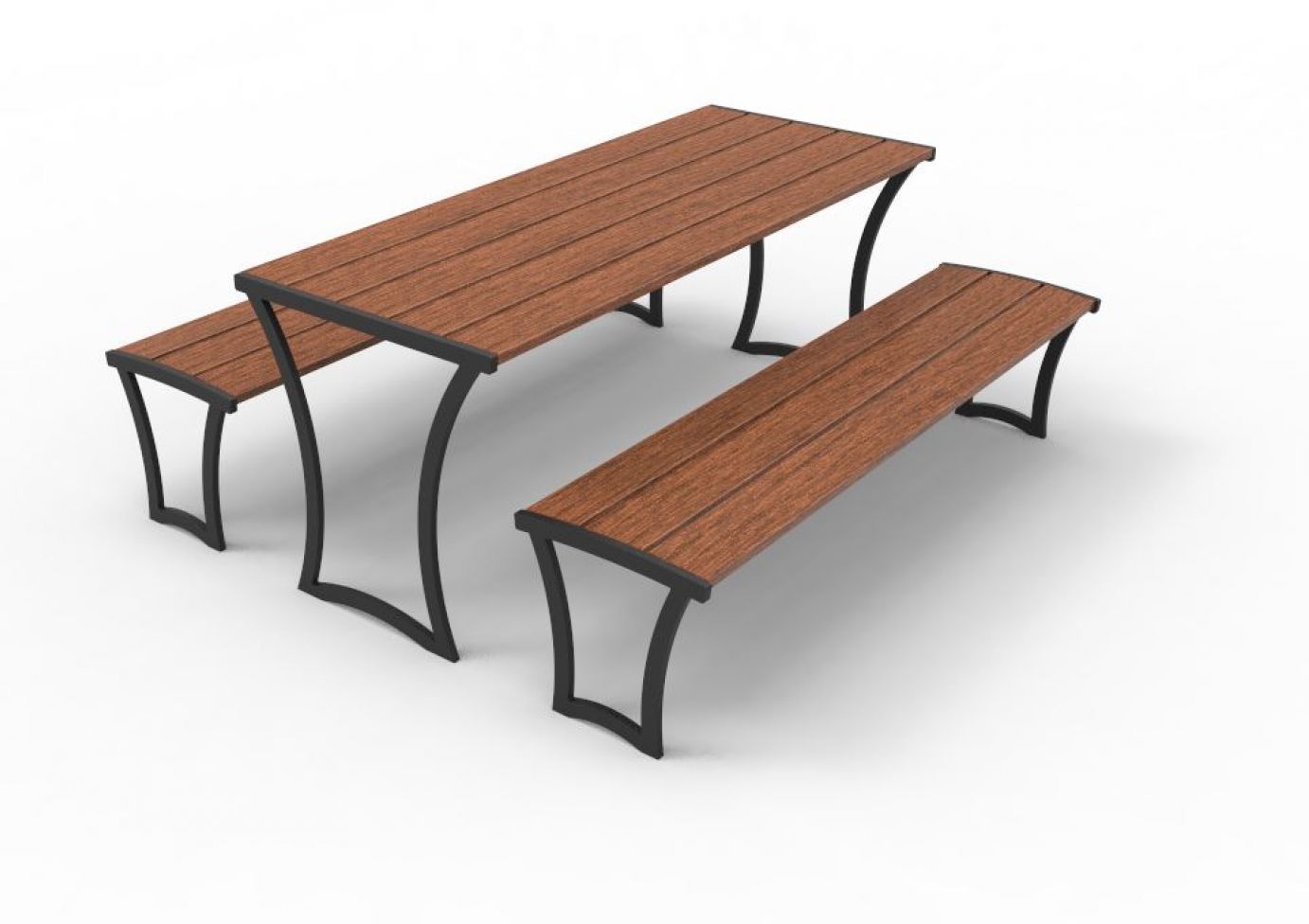Madison Table - Ipe Wood with rich brown Ipe wood planks and curved black steel pedestal frame, outdoor picnic table with benches