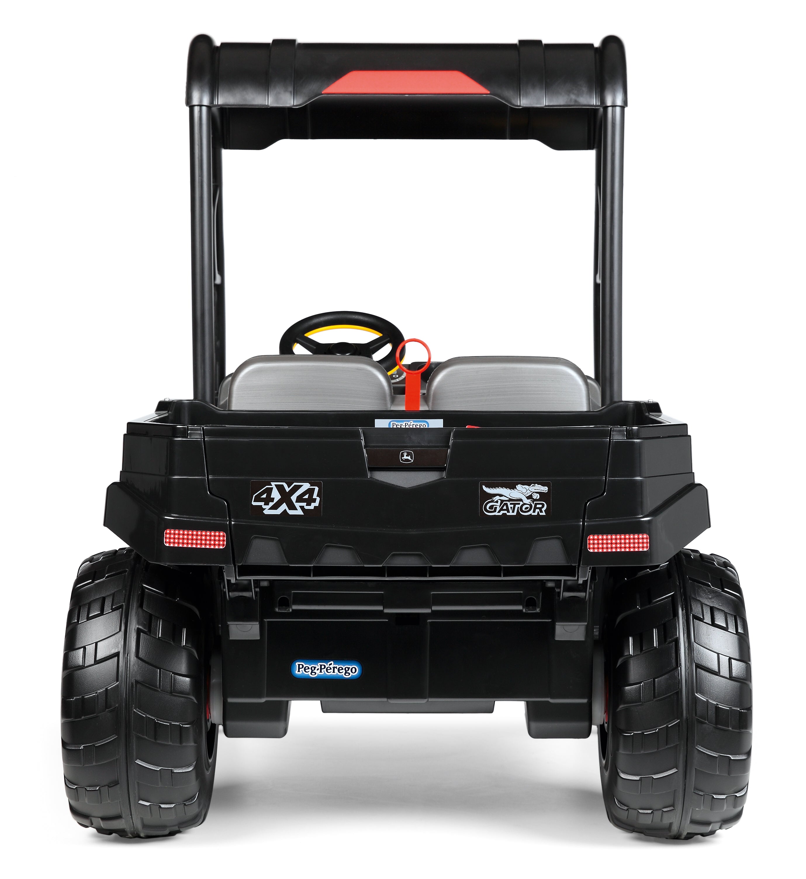 Black ride-on vehicle with large tires, sporty roof, two gray seats, and rugged design for outdoor play.