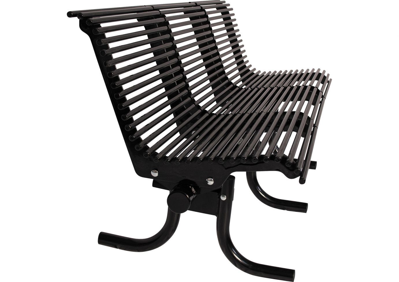 Black metal outdoor bench with curved slatted seats and backrest, supported by tubular legs and frame