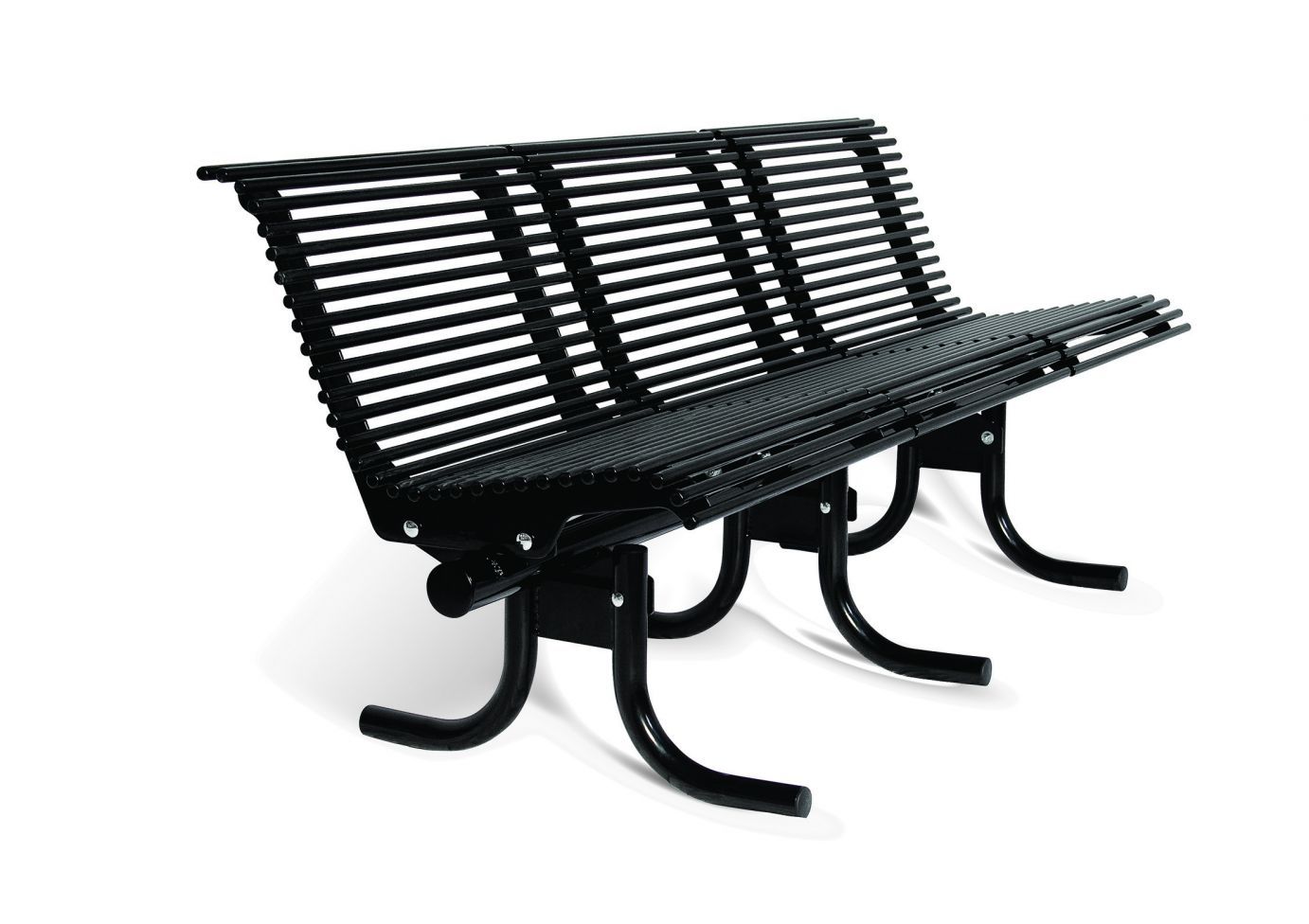 Palmetto Bench with black powder-coated metal slats and curved legs, modern outdoor park seating with individual seats
