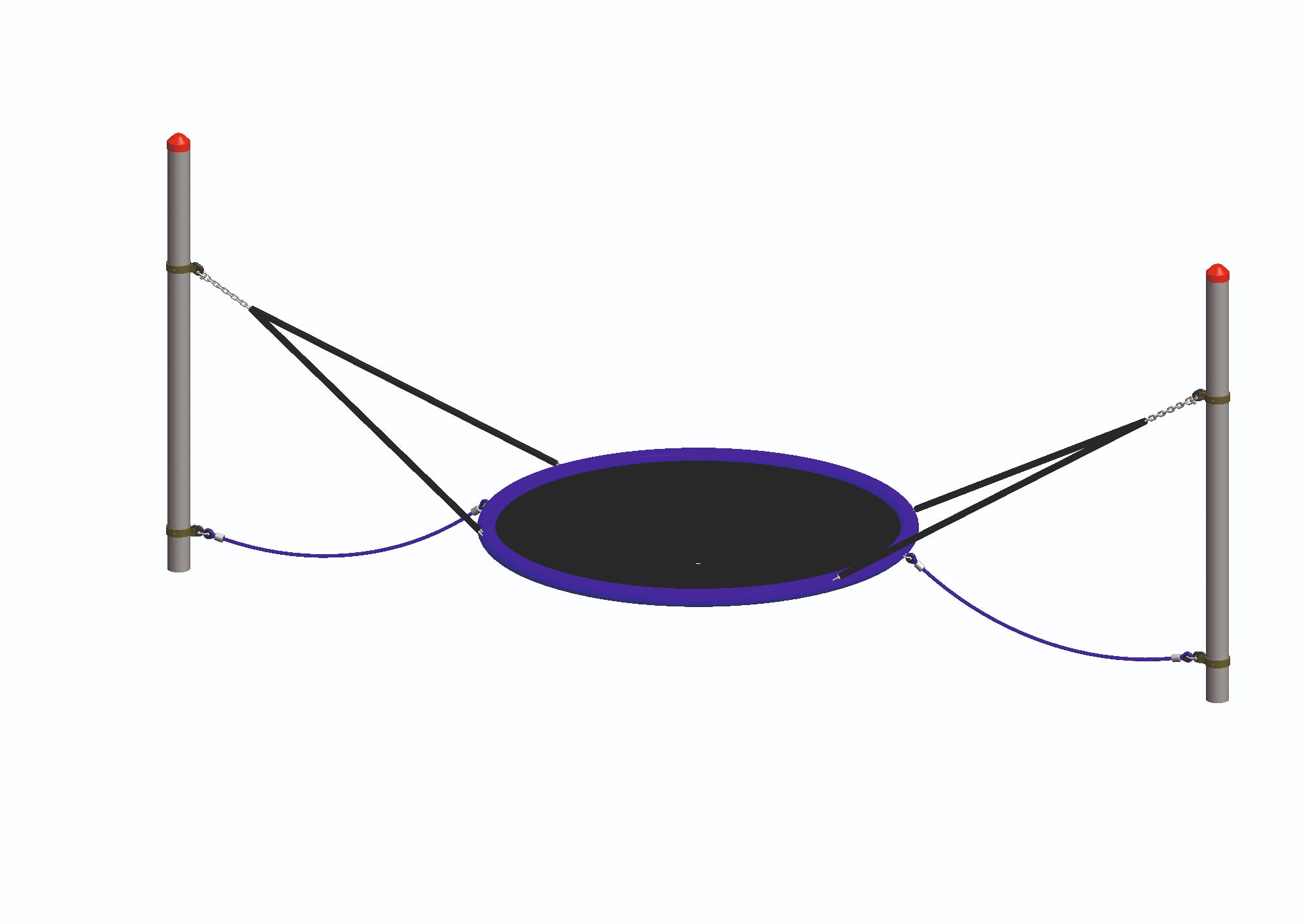 Bird's Nest Cradle commercial swing set with circular black net seat, purple rim, suspended by black and purple ropes between two gray posts