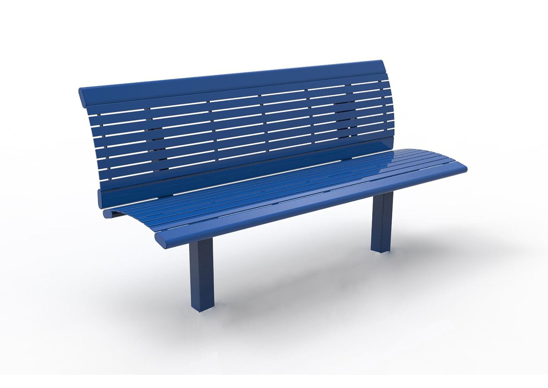 Richmond Steel Bench with Back in blue powder-coated metal, horizontal slats, square tubing legs, outdoor park seating