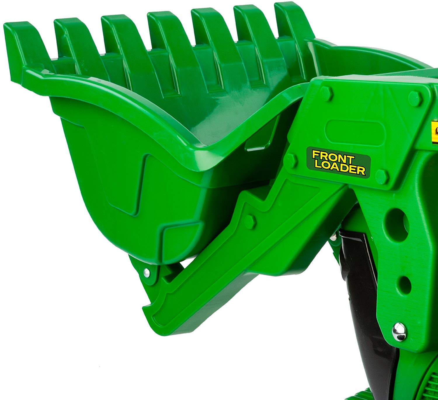 Green children's pedal tractor with heavy-duty front loader attachment and rugged wheels for outdoor play.