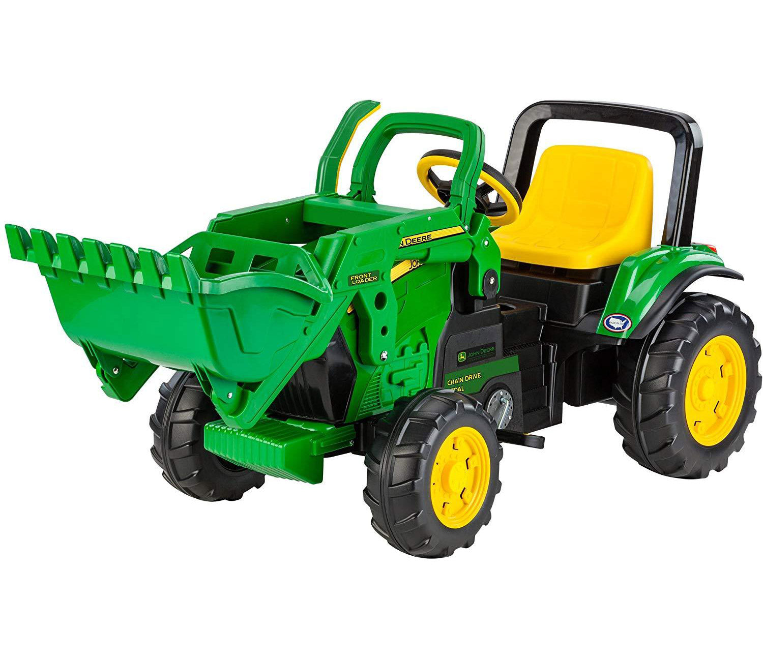 John Deere Front Loader Ride-On Pedal Tractor in green with yellow seat, heavy-duty wheels, and large front loader attachment