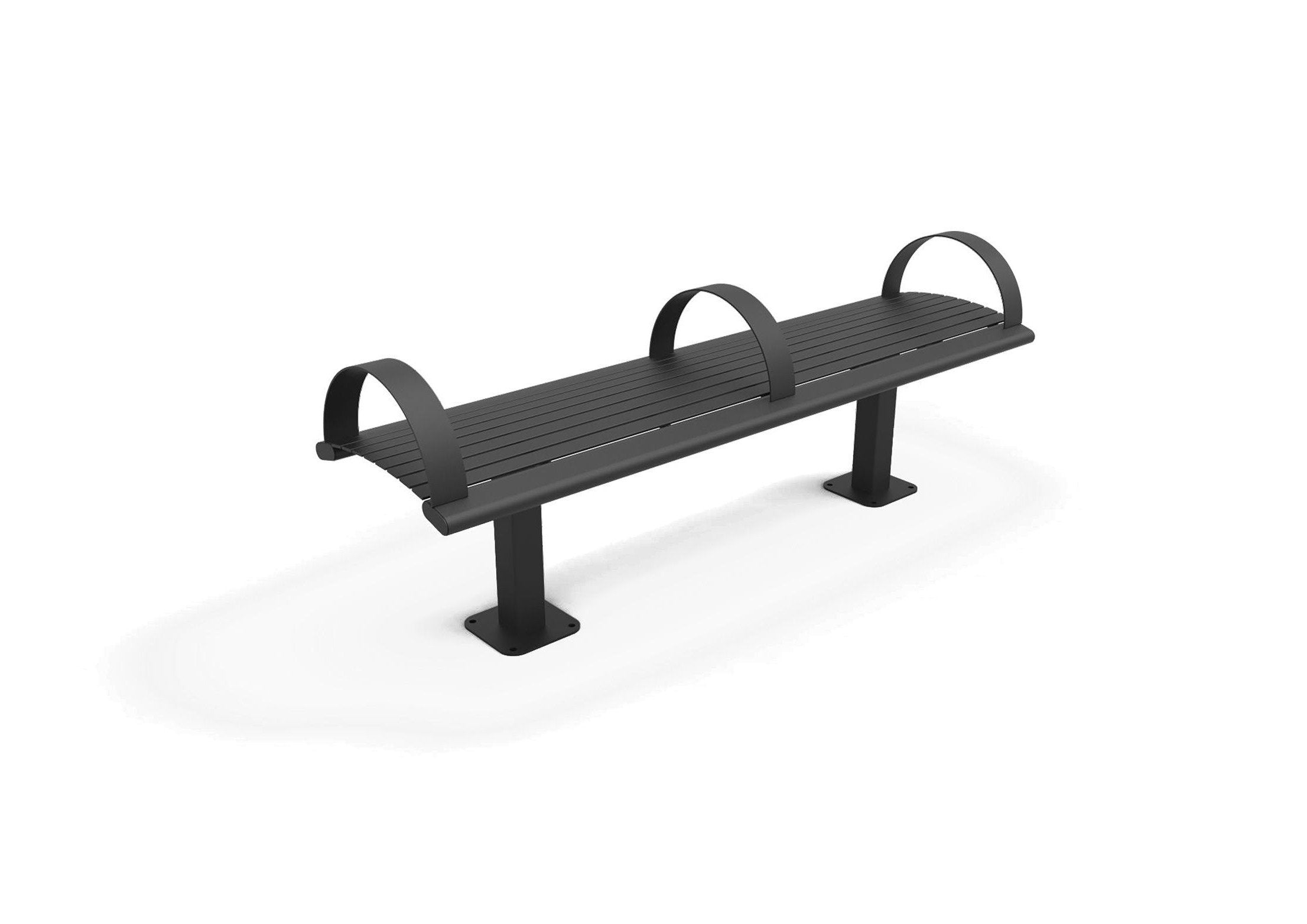 Richmond Steel Bench without Back with powder-coated metal slats, three curved armrests, and square tubing legs for outdoor seating