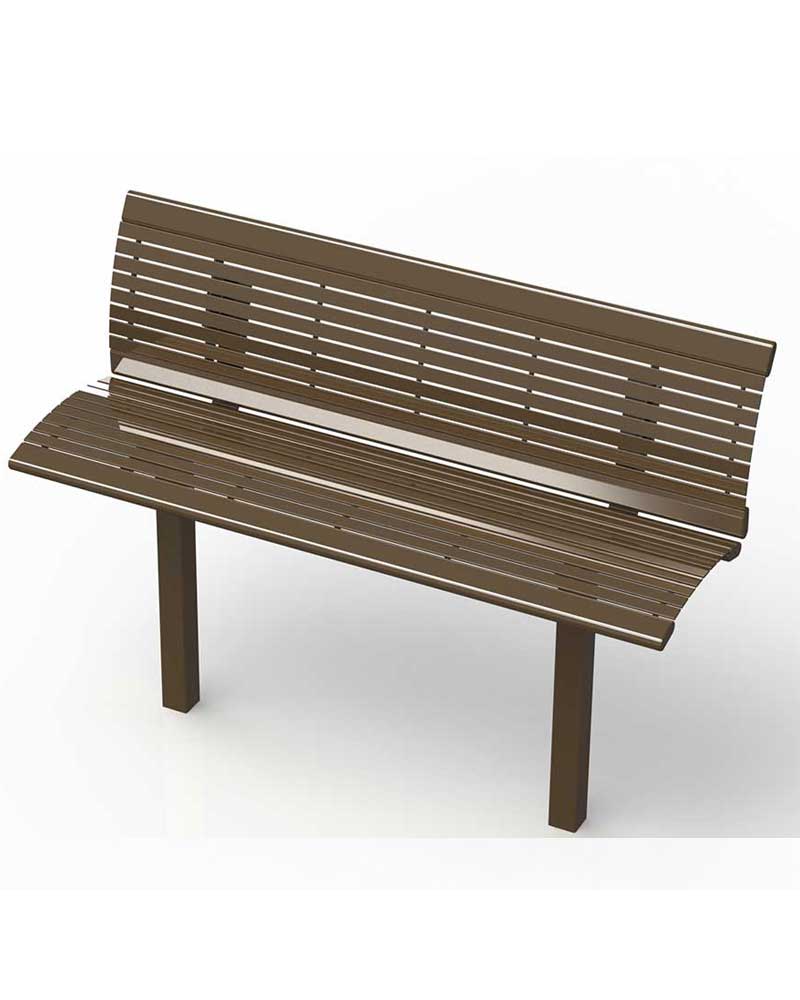 Powder-coated metal outdoor bench with horizontal slats, backrest, and square tubing legs in angled view