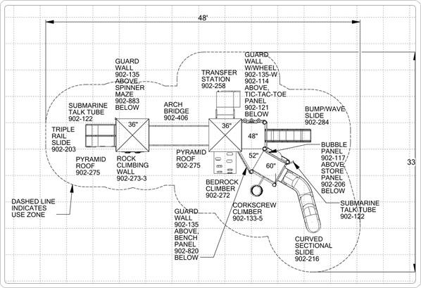 Overhead view of modular playground featuring arch bridge, multiple slides, rock and corkscrew climbers, talk tube, and interactive game panels