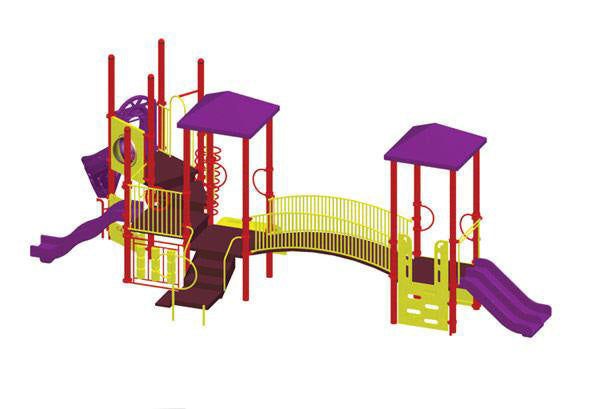 Alex Modular Playground with purple slides, yellow climbing walls, red posts, and a curved yellow bridge connecting two platforms
