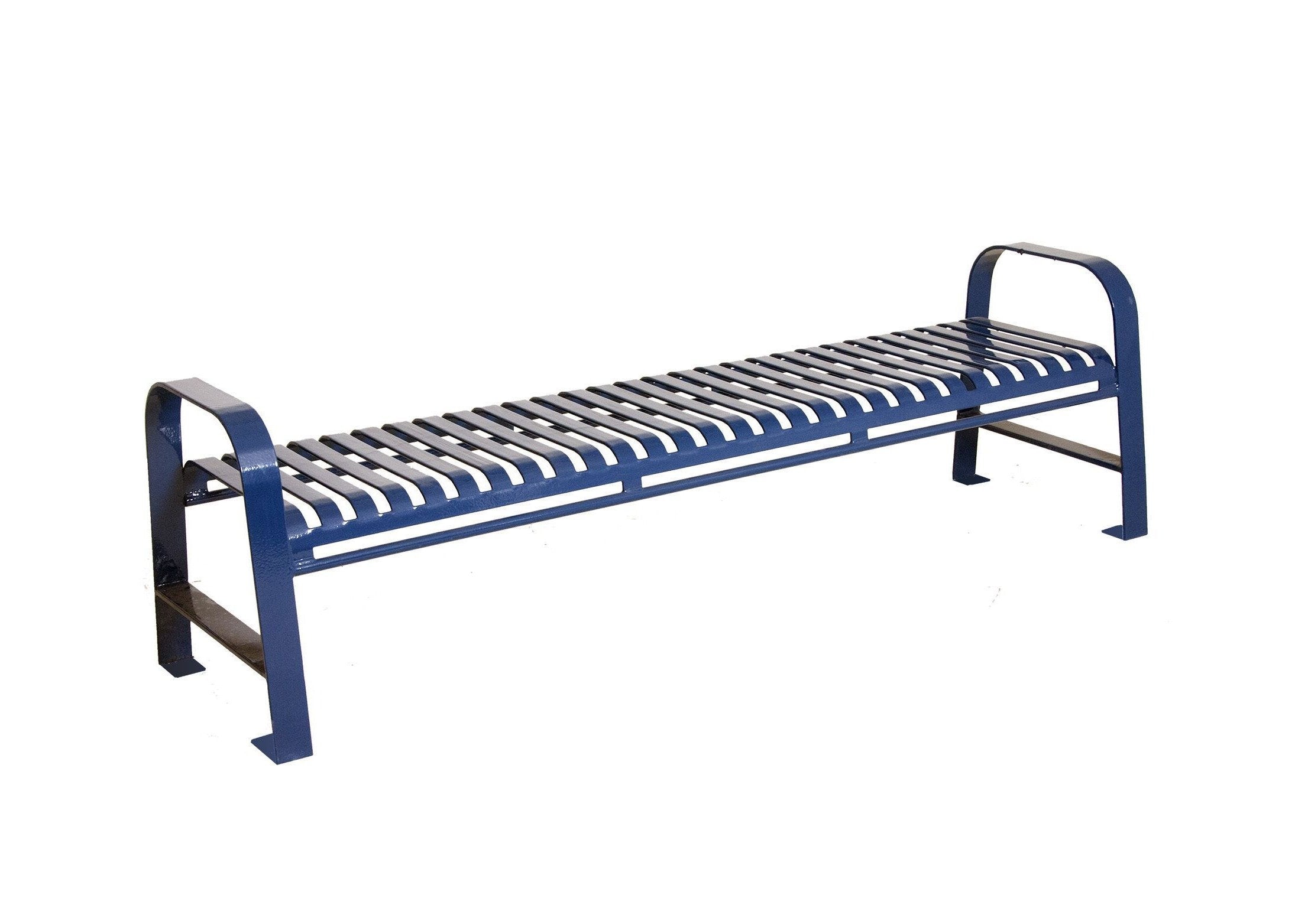 Oxford Bench without Back in blue steel with slatted seat and sturdy legs, modern durable outdoor park bench design