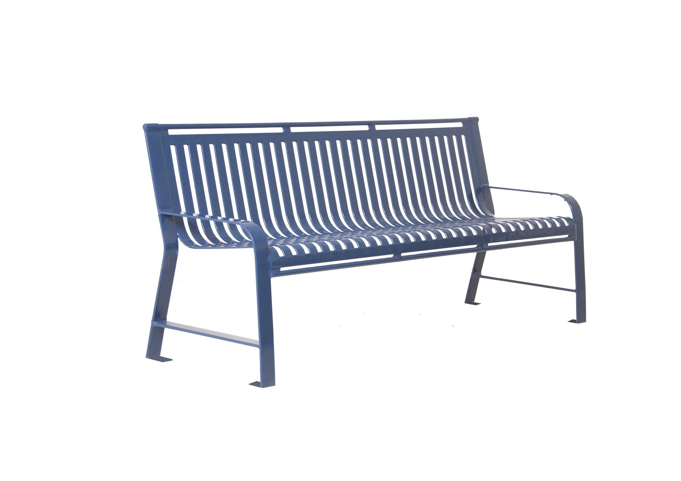 Oxford Bench with Back in blue steel, slatted seat and backrest, sturdy armrests, durable outdoor park bench design