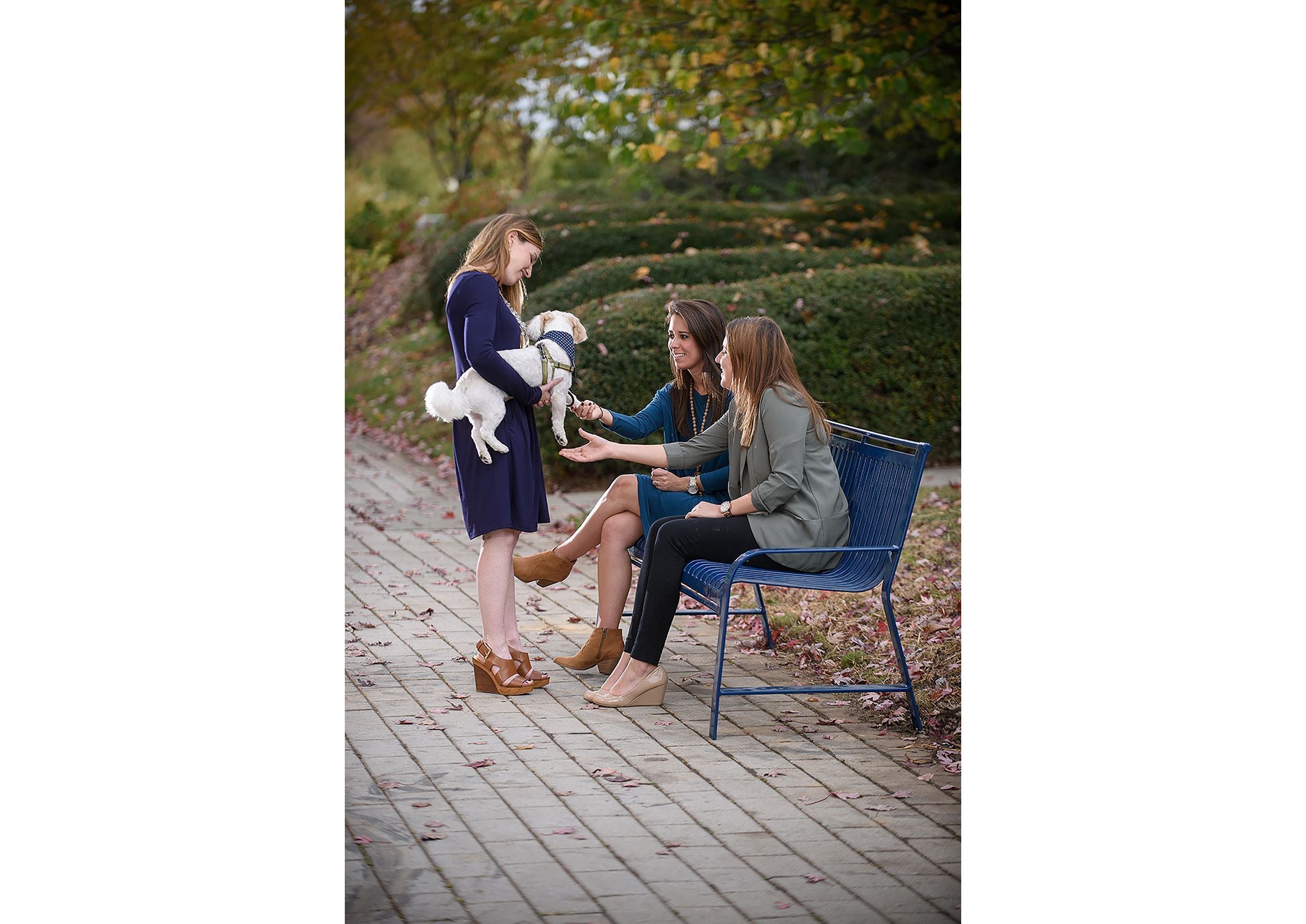 Blue metal outdoor bench with backrest on paved path, two women seated, one standing holding small white dog