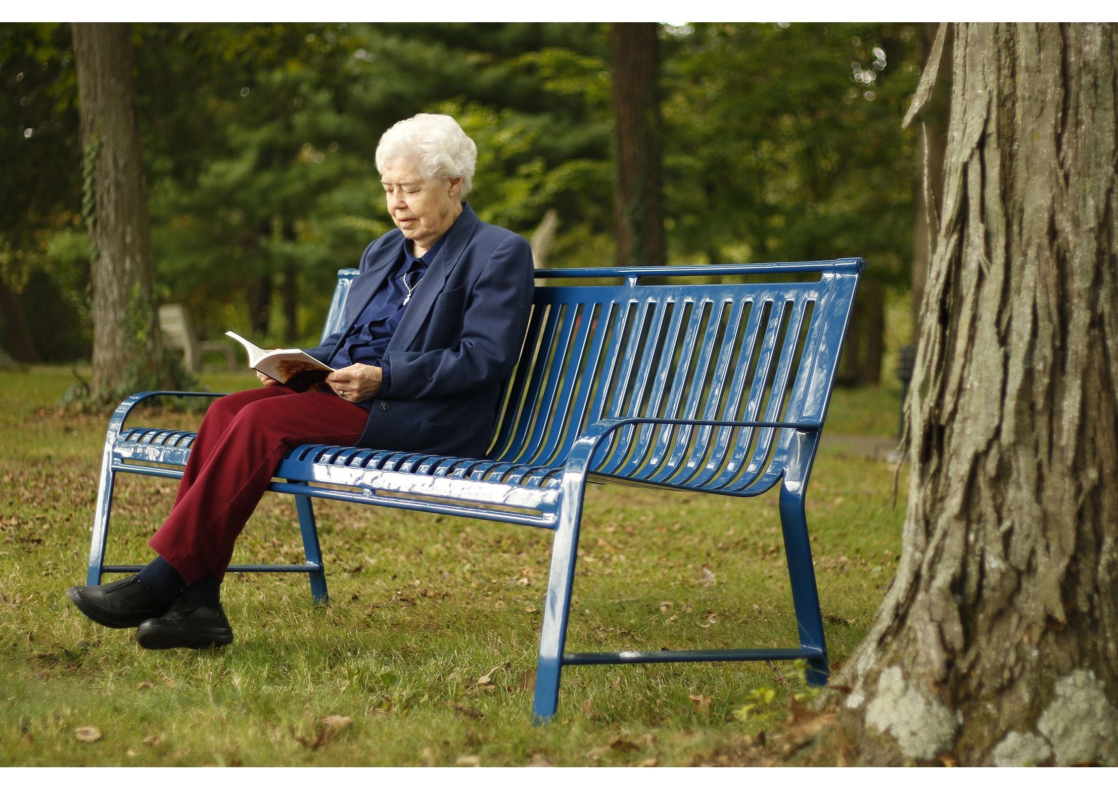 Blue metal outdoor bench with backrest and armrests, occupied by an elderly person reading, set in a green park.