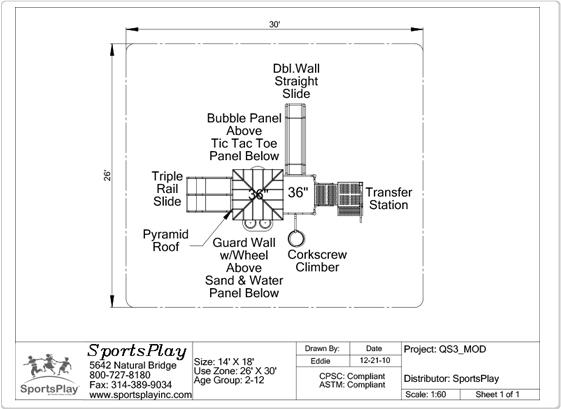 Overhead view of large playground with triple and double wall slides, corkscrew climber, tic tac toe and bubble panels, sand and water table, transfer station, guard wall, and pyramid roof.