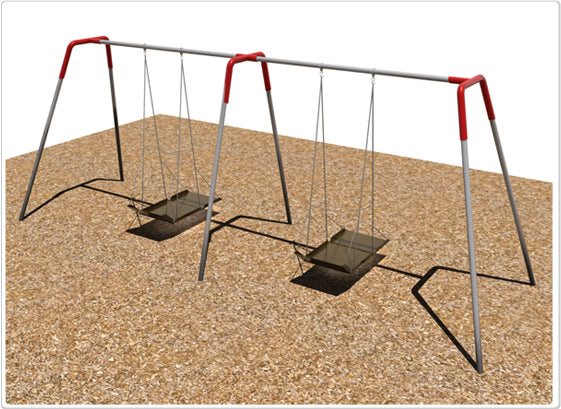 Heavy duty commercial swing set with two accessible platform swings and metal frame on wood chip ground