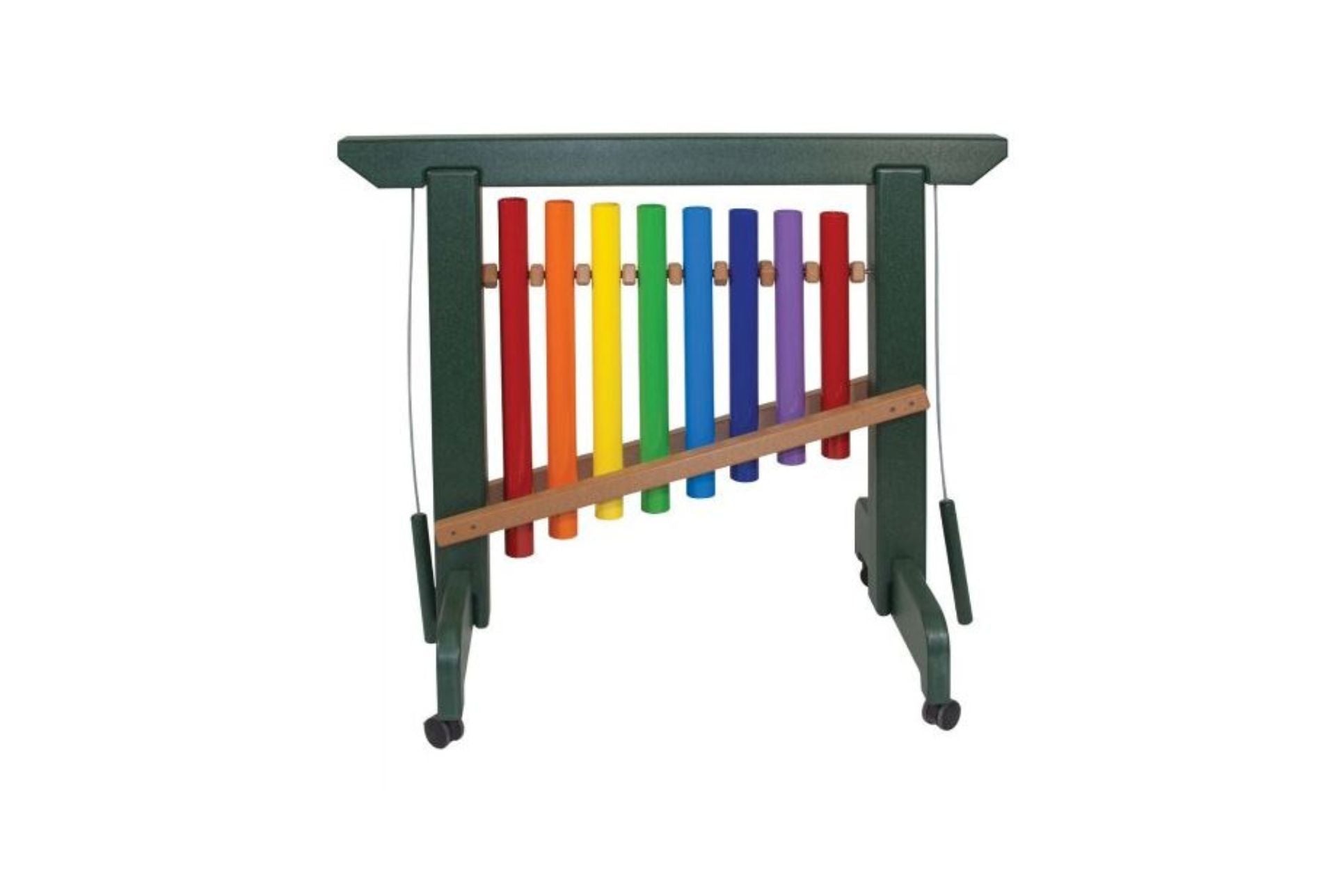 8 Note Rainbow Chime Unit with eight colorful rainbow-tuned chimes on a green frame and mallets for interactive musical play