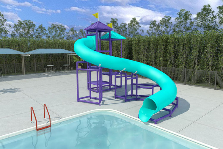 Lake of the Ozarks Water Slide with curved turquoise flume, purple aluminum frame, yellow flags, and concrete pool deck