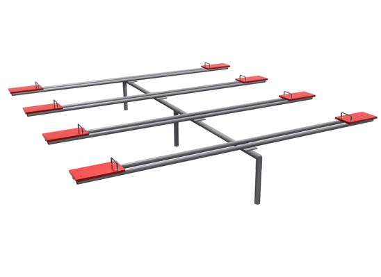 Heavy-duty metal seesaw with eight red seats arranged for multiple children’s outdoor play