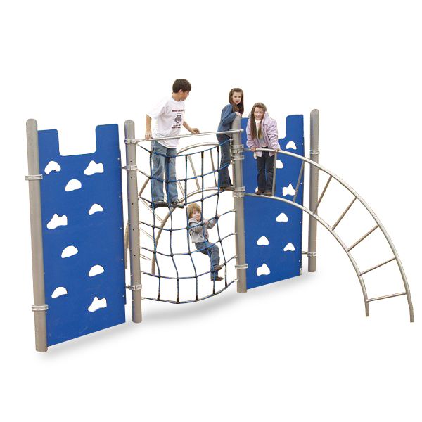 Hercules VI Climber with blue climbing walls, net climber, and curved arch ladder, children playing on playground equipment