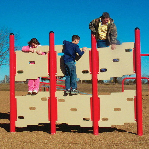 Outdoor climbing equipment with red posts and beige panels, three children actively climbing and playing on the structure