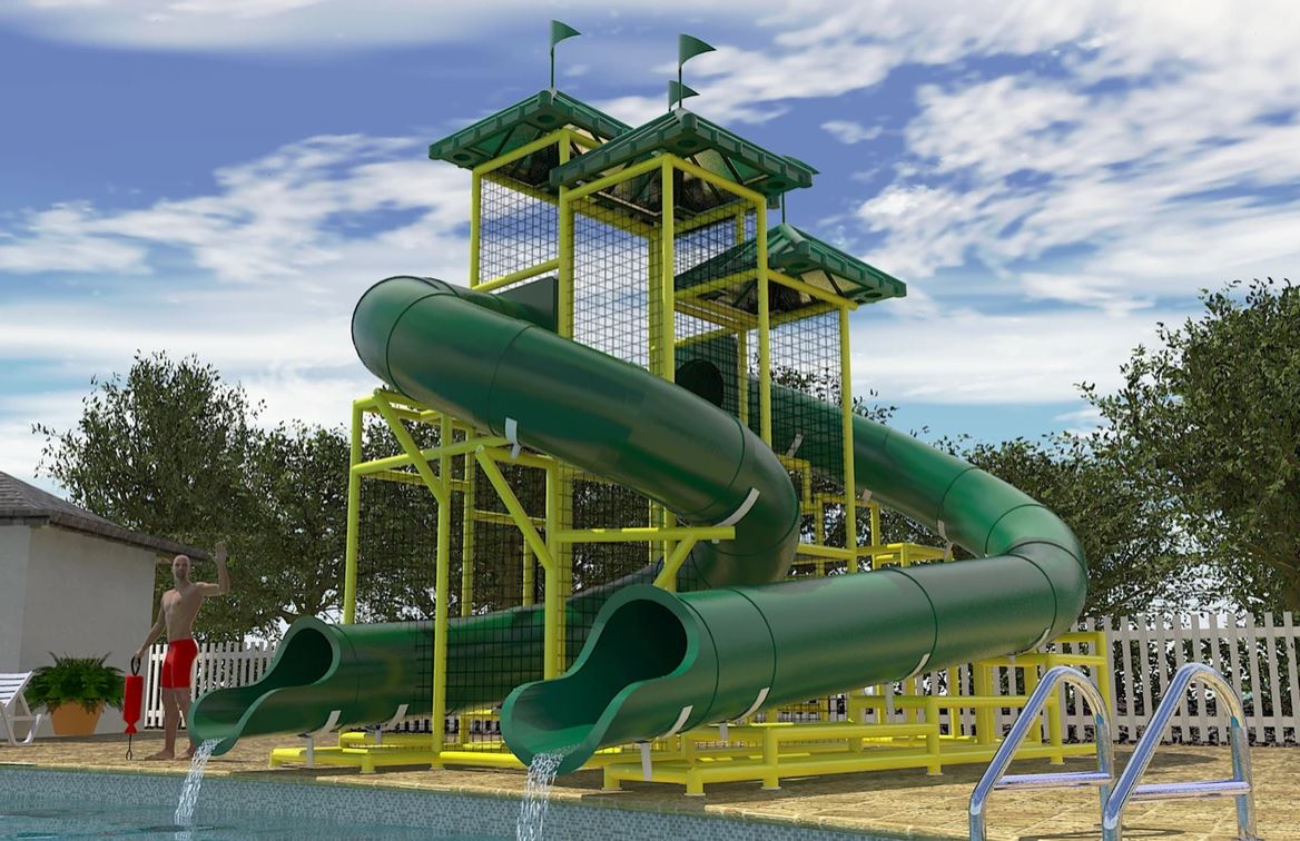 Three large green curved water slides with yellow metal framework and green roofs emptying into a pool with a lifeguard nearby