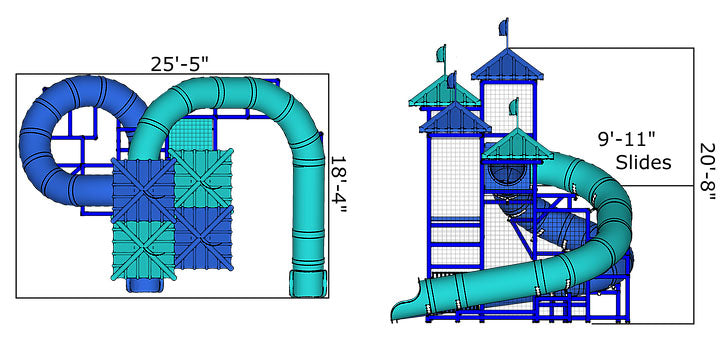 Two curved water slides with blue and teal roofs and netted climbing decks, shown from top and side views