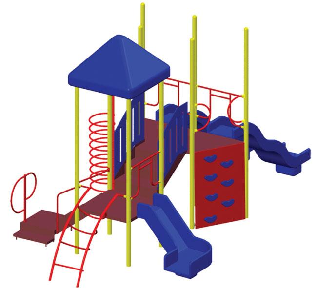 Colorful modular playground with bump wave slides, rock climbing wall, corkscrew climber, and steel support posts.