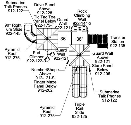 Overhead view of a modular playground with slides, climbing walls, interactive panels, ramps, and talk tubes