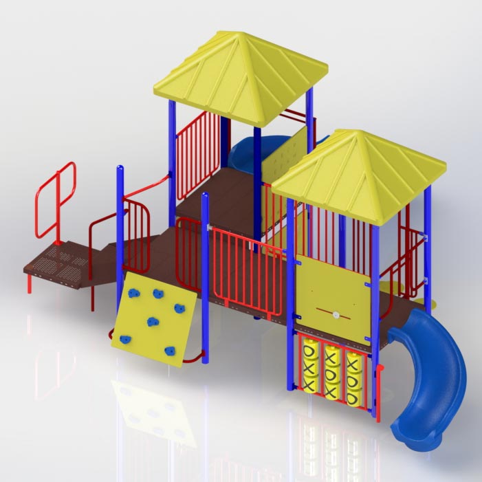 Modular playground with yellow roofs, blue and red posts, climbing wall, tic tac toe panel, and curved blue slide
