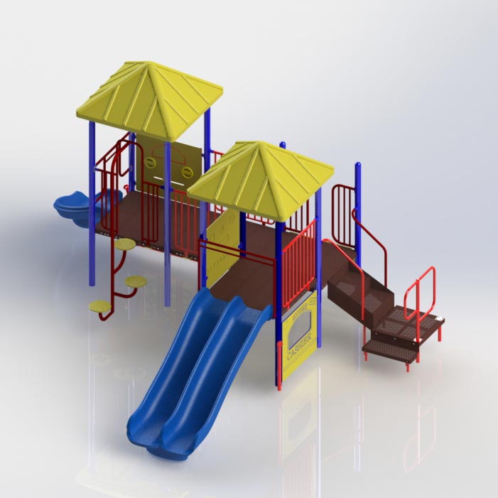 Colorful modular playground with dual blue slides, yellow roofs, red railings, climbing steps, and interactive activity panels